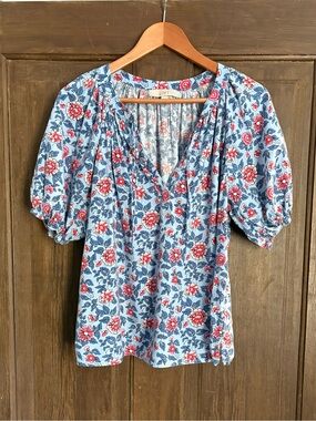 LOFT Light Blue Floral Puff Sleeve V-Neck Blouse with Red Accents